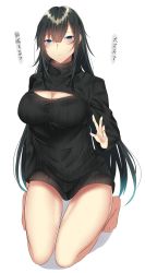 Rule 34 | 1girl, absurdres, arm at side, bare legs, barefoot, black dress, black hair, blue eyes, breasts, cleavage, cleavage cutout, closed mouth, clothing cutout, daijoubu? oppai momu?, dress, expressionless, fingernails, full body, hair between eyes, half-closed eyes, hand up, highres, kneeling, knees together feet apart, large breasts, leaning forward, long fingernails, long hair, looking at viewer, meme attire, naked sweater, no bra, onineko-chan, open-chest sweater, original, ribbed sweater, simple background, sleeves past wrists, solo, sweater, sweater dress, toes, translated, tsurime, turtleneck, turtleneck sweater, white background