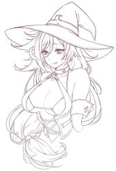 Rule 34 | 1girl, artist request, breasts, cleavage, epic seven, hat, large breasts, long hair, monochrome, revealing clothes, serila (epic seven), solo, tagme, witch, witch hat