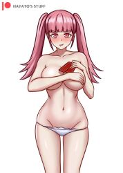 Rule 34 | 1girl, blush, breasts, card, collarbone, commentary, covering privates, covering breasts, english commentary, fire emblem, fire emblem: three houses, groin, hayato stuff, hilda valentine goneril, holding, holding card, large breasts, looking at viewer, navel, nintendo, nose blush, panties, patreon logo, patreon username, pink eyes, pink hair, playing card, smile, thigh gap, twintails, underwear, white panties