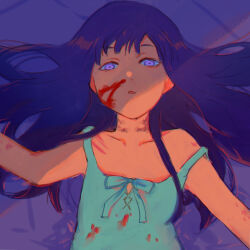 Rule 34 | 1girl, bed sheet, blood, blood on clothes, blood on face, blue dress, blue hair, bruise on neck, collarbone, dress, furude rika, highres, higurashi no naku koro ni, long hair, looking at viewer, lying, nosebleed, off shoulder, on back, parted lips, purple eyes, solo, tedty33