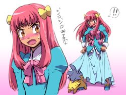 Rule 34 | !, !!, 1boy, angry, ash ketchum, ashley (pokemon bw098), blue dress, blunt bangs, blush, bow, brown eyes, creatures (company), crossdressing, dress, game freak, gen 1 pokemon, hair bow, hair ornament, juliet sleeves, long hair, long sleeves, looking at viewer, muraziti-zu, nintendo, open mouth, pikachu, pink bow, pink hair, pokemon, pokemon (anime), pokemon (creature), pokemon bw (anime), puffy sleeves, ribbon, shoes, sidelocks, skirt hold, sweat, sweatdrop, translated, trap, wig, yellow bow