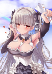 Rule 34 | 1girl, arm up, armpits, azur lane, bare shoulders, black dress, black ribbon, blunt bangs, blurry, blurry foreground, blush, breasts, cleavage, commentary request, detached sleeves, dress, earrings, formidable (azur lane), frilled dress, frills, gothic lolita, grey hair, hair ribbon, hand up, highres, holding, holding paper, jewelry, large breasts, lolita fashion, long hair, looking at viewer, mutang, paper, red eyes, ribbon, signature, solo, twintails, two-tone dress, very long hair, white dress
