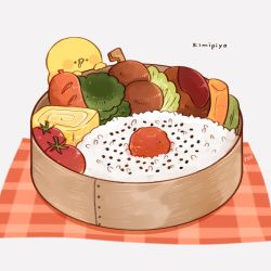 Rule 34 | 1other, bento, bird, blush stickers, broccoli, carrot slice, character name, cherry tomato, chick, chicken, commentary, drooling, egg (food), english text, food, food focus, grey background, highres, kimipiyo (tenmiyakiyo), lettuce, no humans, omelet, original, oversized food, oversized object, plaid, rice, sausage, sesame seeds, simple background, skewer, solo, symbol-only commentary, tenmiyakiyo, tomato