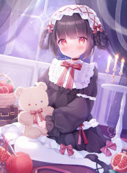Rule 34 | 1girl, basket, black dress, black footwear, black hair, blunt bangs, blush, bow, braid, braided hair rings, candle, candlestand, child, commentary request, curtains, dated, dress, food, fruit, full body, full moon, gothic lolita, hair ribbon, hair rings, hairband, highres, indoors, lolita fashion, long hair, long sleeves, moon, nail polish, night, omochi monaka, original, pantyhose, pomegranate, red bow, red eyes, red nails, ribbon, sexually suggestive, shoes, short hair, signature, sitting, solo, stuffed animal, stuffed toy, symbolism, teddy bear, wariza, white pantyhose, window, yonic symbol