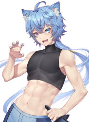 Rule 34 | abs, absurdres, animal ears, apollo (vtuber), bare shoulders, blue eyes, blue hair, blue nails, bodysuit, cat ears, commission, crop top, fangs, hair between eyes, heterochromia, highres, holding, holding sword, holding weapon, indie virtual youtuber, long hair, midriff, muscular, muscular male, nasaniliu, navel, open mouth, pants, pink eyes, ponytail, skeb commission, solo, stomach, sword, virtual youtuber, weapon, white background