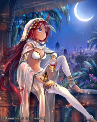 Rule 34 | 1girl, ahoge, anklet, arabian clothes, bare shoulders, barefoot, bikini, bikini top only, breasts, cape, character request, cleavage, crescent moon, dark-skinned female, dark skin, dragon&#039;s shadow, feet, highres, jewelry, knee up, long hair, medium breasts, moon, navel, night, night sky, official art, palm tree, plant, purple eyes, red hair, see-through, sitting, skirt, sky, smile, solo, swimsuit, thighhighs, toeless legwear, toes, tree, veil, very long hair, virus (obsession), white bikini