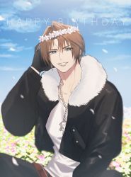 Rule 34 | 1boy, ah yoshimizu, belt, black gloves, black jacket, black pants, blue eyes, blue sky, brown belt, brown hair, chain, chain necklace, cloud, cloudy sky, cowboy shot, cropped jacket, falling petals, field, final fantasy, final fantasy viii, flower, flower field, fur collar, gloves, hand in own hair, happy birthday, head wreath, highres, jacket, jewelry, leather, leather jacket, long sleeves, looking at viewer, male focus, necklace, outdoors, pants, parted bangs, parted lips, petals, scar, scar on face, shirt, short hair, sitting, sky, smile, solo, squall leonhart, teeth, white flower, white shirt, yellow flower