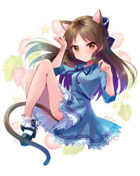 Rule 34 | 1girl, absurdres, animal ear fluff, animal ears, arm up, black footwear, blue bow, blue dress, blue ribbon, blush, bow, breasts, brown eyes, brown hair, cat day, cat ears, cat girl, cat tail, closed mouth, collared dress, commentary request, dress, floating hair, food, food-themed background, fruit, full body, hair bow, hand up, highres, idolmaster, idolmaster cinderella girls, idolmaster cinderella girls starlight stage, kemonomimi mode, long hair, long sleeves, looking at viewer, neck ribbon, parted bangs, paw pose, ribbon, sakura ran, shoes, small breasts, socks, solo, strawberry, tachibana arisu, tail, very long hair, white socks