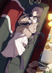 Rule 34 | 1girl, bags under eyes, black hair, black pantyhose, blanket, blue archive, blue eyes, blush, book, book stack, cardigan, couch, flower, from above, glasses, hairband, halo, highres, holding, holding book, hourglass, lamp, long hair, long sleeves, looking at viewer, lying, miso (misomiso 154), on back, on couch, pantyhose, pleated skirt, round eyewear, sailor collar, school uniform, serafuku, shoes, unworn shoes, skirt, sleeves past wrists, slippers, smile, solo, ui (blue archive), very long hair, white flower, white skirt