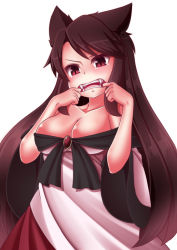Rule 34 | 1girl, animal ears, bare shoulders, breasts, brooch, brown hair, cleavage, collarbone, dress, fangs, finger in own mouth, imaizumi kagerou, jewelry, large breasts, layered dress, long hair, looking down, off shoulder, red eyes, simple background, slit pupils, solo, tamahana, touhou, very long hair, white background, white dress, wide sleeves, wolf ears