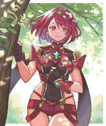 Rule 34 | 1girl, black gloves, breasts, chest jewel, earrings, fingerless gloves, gem, gloves, headpiece, highres, jewelry, large breasts, mitsumachi senji, pyra (xenoblade), red eyes, red hair, red shorts, red thighhighs, short hair, short shorts, shorts, solo, swept bangs, thighhighs, tiara, xenoblade chronicles (series), xenoblade chronicles 2