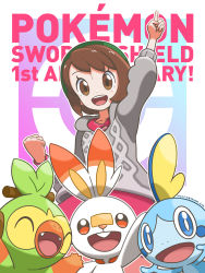 Rule 34 | 1girl, :d, absurdres, arm up, blush, bob cut, brown eyes, brown hair, buttons, cable knit, cardigan, collared dress, commentary request, copyright name, creatures (company), dress, eyelashes, game freak, gen 8 pokemon, gloria (pokemon), green headwear, grey cardigan, grookey, hat, highres, hooded cardigan, index finger raised, nintendo, open mouth, pink dress, pokemon, pokemon (creature), pokemon swsh, scorbunny, short hair, smile, sobble, starter pokemon trio, tam o&#039; shanter, teeth, tongue, upper teeth only, yamane (viq4201)