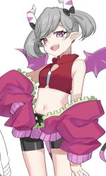 Rule 34 | 1girl, arianne the labrynth servant, bare shoulders, bike shorts, cosplay, crop top, demon girl, demon horns, demon wings, duel monster, fangs, grey hair, hand on own hip, highres, horns, jacket, ki-sikil (yu-gi-oh!), live twin ki-sikil, live twin ki-sikil (cosplay), long sleeves, midriff, nernnernneru, open clothes, open jacket, open mouth, pink eyes, pointy ears, solo, wings, yu-gi-oh!