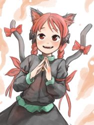 Rule 34 | 1girl, animal ears, blush, bow, braid, cat ears, cat tail, dress, eyebrows hidden by hair, fang, highres, kaenbyou rin, looking up, multiple tails, nekomata, open mouth, own hands together, permanentlow, red eyes, red hair, ribbon, smile, solo, steepled fingers, tail, tail bow, tail ornament, teeth, touhou, twin braids, two tails