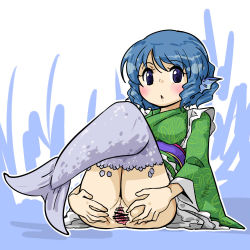 Rule 34 | 1girl, :&lt;, animal ears, blue eyes, blue hair, blush, censored, clitoris, fins, head fins, japanese clothes, kimono, long sleeves, matching hair/eyes, mermaid, monster girl, obi, open mouth, pussy, sash, seki (red shine), short hair, solo, spread pussy, touhou, wakasagihime, wide sleeves