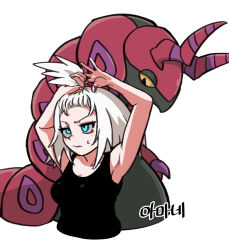 Rule 34 | 1girl, adjusting hair, aqua eyes, armpits, arms up, black shirt, closed mouth, commentary, creatures (company), eyeliner, game freak, gen 5 pokemon, gigobyte350, hair tie, highres, looking up, makeup, nintendo, pokemon, pokemon (creature), pokemon bw2, roxie (pokemon), scolipede, shirt, sleeveless, sleeveless shirt, sweatdrop, tank top, topknot, white background, white hair