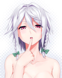 Rule 34 | 1girl, blush, bow, braid, breasts, finger to mouth, ginopi, hair bow, highres, izayoi sakuya, looking at viewer, medium breasts, nude, open mouth, out-of-frame censoring, red eyes, short hair, silver hair, solo, touhou, twin braids, upper body
