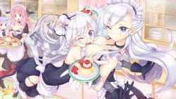 Rule 34 | 4girls, ahoge, anchor hair ornament, apple, apple slice, apron, azur lane, belfast (azur lane), between breasts, black gloves, blue eyes, blush, bow, braid, breasts, chain, cherry, cleavage, collar, edinburgh (azur lane), finger to mouth, food, frilled skirt, frills, fruit, glasses, gloves, hair bow, hair ornament, head between breasts, highres, hip vent, ka022k2, kent (azur lane), large breasts, light purple hair, long hair, looking at viewer, maid, maid apron, maid headdress, multiple girls, one eye closed, open mouth, pink hair, pudding, red eyes, silver hair, skirt, strawberry, suffolk (azur lane), tears, tray, whipped cream, white gloves