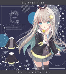 Rule 34 | 1girl, :p, black jacket, black thighhighs, blue shirt, blush, candy, closed mouth, collarbone, commentary request, food, green eyes, grey hair, grey skirt, hair ornament, holding, holding candy, holding food, holding lollipop, hood, hood down, hooded jacket, hoshi (snacherubi), jacket, lollipop, long hair, long sleeves, looking at viewer, mole, mole under eye, original, pleated skirt, shirt, skirt, sleeves past wrists, smile, solo, star (symbol), star hair ornament, starry background, thighhighs, tongue, tongue out, translation request, very long hair