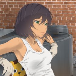 Rule 34 | 1girl, akagi (fmttps), armpits, arms up, artist name, breasts, brick wall, brown hair, cleavage, closed mouth, commentary, dark-skinned female, dark skin, emblem, girls und panzer, gloves, green eyes, half-closed eyes, hoshino (girls und panzer), leaning back, leaning on object, leopon (animal), light frown, mechanic, medium breasts, military, military vehicle, motor vehicle, shirt, short hair, solo, tank, tank top, tiger (p), twitter username, upper body, white gloves, white shirt