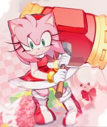 Rule 34 | 1girl, amy rose, animal ears, animal nose, blurry, boots, bouquet, bracelet, checkered background, closed mouth, commentary, dress, english commentary, flower, frown, full body, furry, furry female, gloves, green eyes, hairband, highres, holding, holding weapon, jewelry, merry bongbong, pink background, pink flower, red dress, red footwear, red hairband, single tear, solo, sonic (series), standing, stuffed animal, stuffed rabbit, stuffed toy, toy hammer, weapon, white gloves
