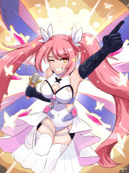Rule 34 | 1girl, black gloves, breasts, brown eyes, covered navel, dress, elbow gloves, flagoul, gloves, hair behind ear, hair ribbon, highres, indie virtual youtuber, magical girl, medium breasts, nina saotome, official alternate costume, one eye closed, pink hair, pointing, pointing up, ribbon, smile, solo, thighhighs, twintails, virtual youtuber, white dress, white footwear, white ribbon, white thighhighs