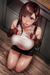 Rule 34 | 1girl, absurdres, black skirt, blush, breasts, brown hair, commentary request, crop top, earrings, elbow gloves, elbow pads, final fantasy, final fantasy vii, fingerless gloves, from above, gloves, hands on own chest, highres, indoors, jewelry, large breasts, long hair, looking at viewer, miniskirt, open mouth, red eyes, red gloves, sgk, shirt, skirt, solo, suspenders, tank top, tifa lockhart, white shirt, wooden floor