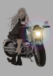 Rule 34 | 1girl, absurdres, ankle boots, bad id, bad pixiv id, bare shoulders, black dress, black footwear, boots, breasts, brown eyes, choker, cross-laced footwear, dress, full body, grey background, grey hair, highres, lace-up boots, layered dress, light, long hair, looking at viewer, motor vehicle, motorcycle, original, parted lips, pleated dress, signature, simple background, sleeveless, sleeveless dress, small breasts, solo, standing, very long hair, zhibuji loom