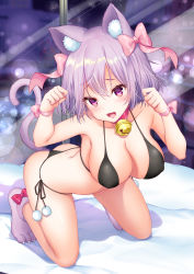 Rule 34 | 1girl, :d, absurdres, animal ear fluff, animal ears, armpits, arms up, ass, bare shoulders, bell, bent over, bikini, black bikini, bow, breasts, cat ears, cat girl, cat tail, choker, cleavage, collarbone, covered erect nipples, hair between eyes, hair bow, halterneck, heart, heart-shaped pupils, highres, jingle bell, large breasts, lens flare, light purple hair, looking at viewer, medium hair, open mouth, original, paw pose, paw shoes, pom pom (clothes), purple eyes, red choker, ribbon, shadow, shoes, side-tie bikini bottom, smile, solo, string bikini, swimsuit, symbol-shaped pupils, tail, teltelhousi, thighs, thong bikini, wrist ribbon