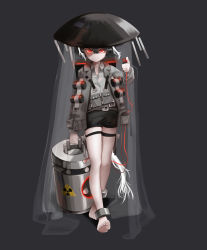 Rule 34 | 1girl, absurdres, arknights, backpack, bag, barefoot, belt, black hair, black shorts, cuffs, detonator, doom-shroom, dragging, explosive, fungus, glowing, glowing eyes, grenade, grey jacket, grey shirt, headgear, highres, jacket, multiple belts, mushroom, mushroom girl, nuclear weapon, open clothes, open jacket, pale skin, personification, plants vs zombies, pompmaker1, pouch, radiation symbol, red eyes, shackles, shirt, shorts, simple background, solo, thigh strap, veil, wire