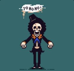 Rule 34 | 1800frogs, 1boy, afro, ascot, black hair, black pants, blue ascot, brook (one piece), full body, green background, hashtag-only commentary, hat, lowres, male focus, one piece, orange shirt, outstretched arms, pants, pixel art, shadow, shirt, skeleton, solo, speech bubble, top hat