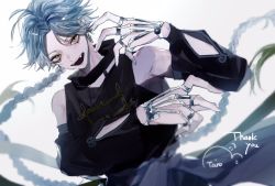 Rule 34 | 1boy, antenna hair, bare shoulders, blue hair, chinese clothes, detached sleeves, earrings, ears visible through hair, facial mark, highres, huion, jewelry, long hair, male focus, open mouth, original, promotional art, smile, solo, taiyakitarou, teeth, thank you, upper teeth only, very long hair, yellow eyes