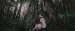 Rule 34 | 1girl, absurdres, black hair, brown eyes, chain, dress, forest, highres, mouth hold, nature, original, outdoors, plant, scenery, short hair, sitting, solo, swing, tree, white dress, xilmo