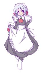 Rule 34 | 1girl, ankle boots, apron, black dress, blue hair, blush, boots, clothes lift, dress, dress lift, full body, geetsu, kotonomiya yuki, looking at viewer, maid, maid apron, red eyes, short hair, simple background, solo, standing, suigetsu, white background