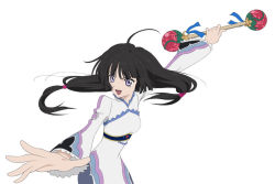 Rule 34 | 1girl, ahoge, baton, black hair, kohaku hearts, long hair, low-tied long hair, official art, purple eyes, smile, solo, tales of (series), tales of hearts, twintails, white background
