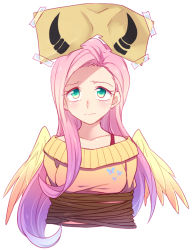 Rule 34 | 1girl, blush, bound, feathered wings, fluttershy, green eyes, horns, long hair, megarexetera, my little pony, my little pony: friendship is magic, paper, personification, pink hair, rex k, solo, sweater, tareme, tied up (nonsexual), white background, wings