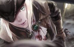 Rule 34 | 1girl, absurdres, ascot, blonde hair, blood, bloodborne, blue eyes, cape, coat, gloves, hat, hat feather, highres, holding, lady maria of the astral clocktower, long hair, looking at viewer, ponytail, sawada2, simple background, solo, the old hunters, tricorne, white hair