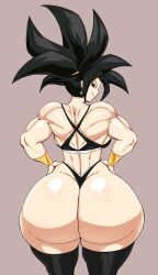 Rule 34 | 1girl, ass, back, backboob, black bra, black eyes, black hair, black panties, black thighhighs, bra, breasts, curvy, dragon ball, dragon ball super, earrings, fusion, hands on own hips, highres, huge ass, jewelry, kefla (dragon ball), large breasts, looking at viewer, looking back, muscular, muscular female, panties, ponytail, potara earrings, saiyan, simple background, smile, solo, spiked hair, thecon, thick thighs, thighhighs, thighs, underwear, wide hips