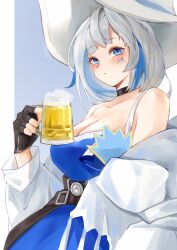 Rule 34 | 1girl, absurdres, alchemy stars, azure (alchemy stars), bare shoulders, black choker, black gloves, blue dress, blue eyes, blue hair, blush, breasts, chengzijiangyouchaofan, choker, cleavage, commentary request, dress, facial mark, fingerless gloves, gloves, hand up, highres, jacket, large breasts, long sleeves, looking at viewer, multicolored hair, off shoulder, solo, spaghetti strap, streaked hair, upper body, white hair, white headwear, white jacket