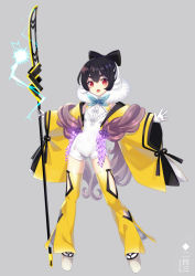 Rule 34 | 1girl, black bow, black hair, bow, creatures (company), full body, game freak, gen 2 pokemon, gloves, grey background, hair bow, highres, holding, holding staff, legendary pokemon, looking at viewer, merlusa, nintendo, open mouth, personification, pokedex number, pokemon, raikou, red eyes, short hair, solo, staff, teeth, thick eyebrows, upper teeth only, white gloves