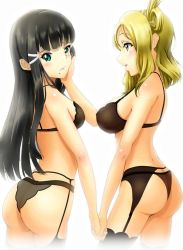 Rule 34 | 2girls, aqua eyes, ass, black bra, black hair, black panties, blonde hair, blush, bra, breasts, butt crack, cowboy shot, garter belt, hair ornament, hair rings, hairclip, hand on another&#039;s face, holding hands, kurosawa dia, large breasts, lingerie, long hair, looking at another, looking away, love live!, love live! sunshine!!, medium breasts, mole, mole under mouth, multiple girls, ohara mari, panties, sideboob, simple background, smile, underwear, underwear only, white background, yellow eyes, yuri, zielgigas