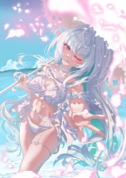 Rule 34 | 1girl, absurdres, ahoge, bare shoulders, beach, bikini, blue sky, breasts, cleavage, fate/grand order, fate (series), frilled bikini, frills, highres, lady avalon (fate), lady avalon (second ascension) (fate), licking lips, long hair, looking at viewer, medium breasts, merlin (fate/prototype), navel, ocean, one eye closed, outstretched arm, parasol, purple eyes, shore, sky, smile, solo, swimsuit, thighs, tongue, tongue out, umbrella, very long hair, white bikini, white hair, yi shuo