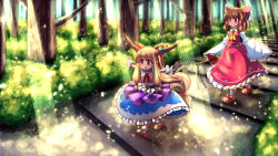 Rule 34 | 2girls, ascot, belt, blonde hair, bow, brown eyes, brown hair, dappled sunlight, detached sleeves, facing away, forest, gohei, hair bow, hakurei reimu, horn ornament, horn ribbon, horns, ibuki suika, layered skirt, light rays, long hair, low-tied long hair, meowpoo, multiple girls, nature, open mouth, outdoors, outstretched arms, path, red eyes, ribbon, road, shirt, sidelocks, skirt, skirt set, sleeveless, sleeveless shirt, smile, spread arms, sunbeam, sunlight, touhou, very long hair, walking, wrist cuffs