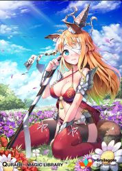 Rule 34 | animal ears, bandage on face, bandage over one eye, bandages, breasts, character request, cleavage, copyright request, field, flower, flower field, fox ears, fox tail, holding, holding polearm, holding spear, holding weapon, large breasts, long hair, looking at viewer, navel, orange hair, polearm, qurare magic library, red thighhighs, seiza, shoonear, sitting, solo, spear, tail, thighhighs, weapon