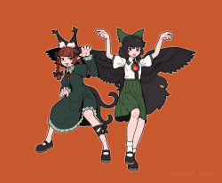 Rule 34 | 2girls, animal ear fluff, animal ears, arms up, artist name, bigcat 114514, bird wings, black bow, black footwear, black hair, blunt bangs, bow, brown hair, cat ears, cat tail, claw pose, dress, fang, feathered wings, flat chest, frilled shirt collar, frills, full body, green bow, green dress, green skirt, hair bow, hair ribbon, highres, juliet sleeves, kaenbyou rin, long hair, long sleeves, looking at viewer, mary janes, multiple girls, multiple tails, neck ribbon, nekomata, open mouth, orange background, outline, pleated skirt, puffy short sleeves, puffy sleeves, red eyes, red hair, red ribbon, reiuji utsuho, ribbon, shirt, shoes, short sleeves, simple background, skirt, smile, tail, touhou, tress ribbon, twintails, two tails, v-shaped eyebrows, white outline, white shirt, wings