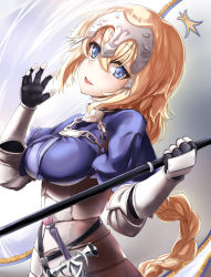Rule 34 | 1girl, armor, armored dress, banner, blonde hair, blue eyes, braid, breasts, dress, fate/apocrypha, fate/grand order, fate (series), floating hair, gloves, headpiece, highres, holding, holding weapon, jeanne d&#039;arc (fate), jeanne d&#039;arc (ruler) (fate), long hair, looking at viewer, smile, solo, standing, very long hair, weapon, yoku yoo