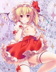 Rule 34 | 1girl, breasts, flandre scarlet, flat chest, frilled panties, frilled skirt, frilled thighhighs, frills, hand on own chest, konomi (kino konomi), looking at viewer, nipples, no bra, open clothes, panties, skirt, small breasts, solo, thighhighs, touhou, underwear, white panties, white thighhighs