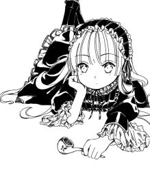 Rule 34 | 1girl, artist request, character request, child, copyright request, dress, frilled dress, frills, headdress, legs up, looking at viewer, lying, monochrome, on floor, on stomach, simple background, white background