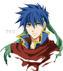 Rule 34 | 1boy, blue eyes, blue hair, character name, commentary request, fire emblem, fire emblem: path of radiance, green headband, headband, ike (fire emblem), looking at viewer, male focus, nintendo, portrait, red scarf, scarf, simple background, sketch, solo, takunori no soren, translated, v-shaped eyebrows, white background