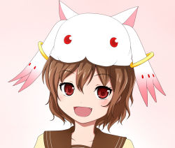 Rule 34 | 10s, 1girl, :3, brown hair, denpa onna to seishun otoko, fang, hat, katou emiri, kyubey, mahou shoujo madoka magica, mahou shoujo madoka magica (anime), mifune ryuuko, noriki aonori, open mouth, portrait, red eyes, school uniform, smile, solo, voice actor connection